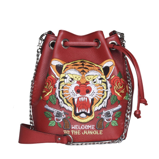 Borsa a secchiello TATTOO, in pelle rossa con tigre ricamata e bustina portaoggetti estraibile - REBB Store