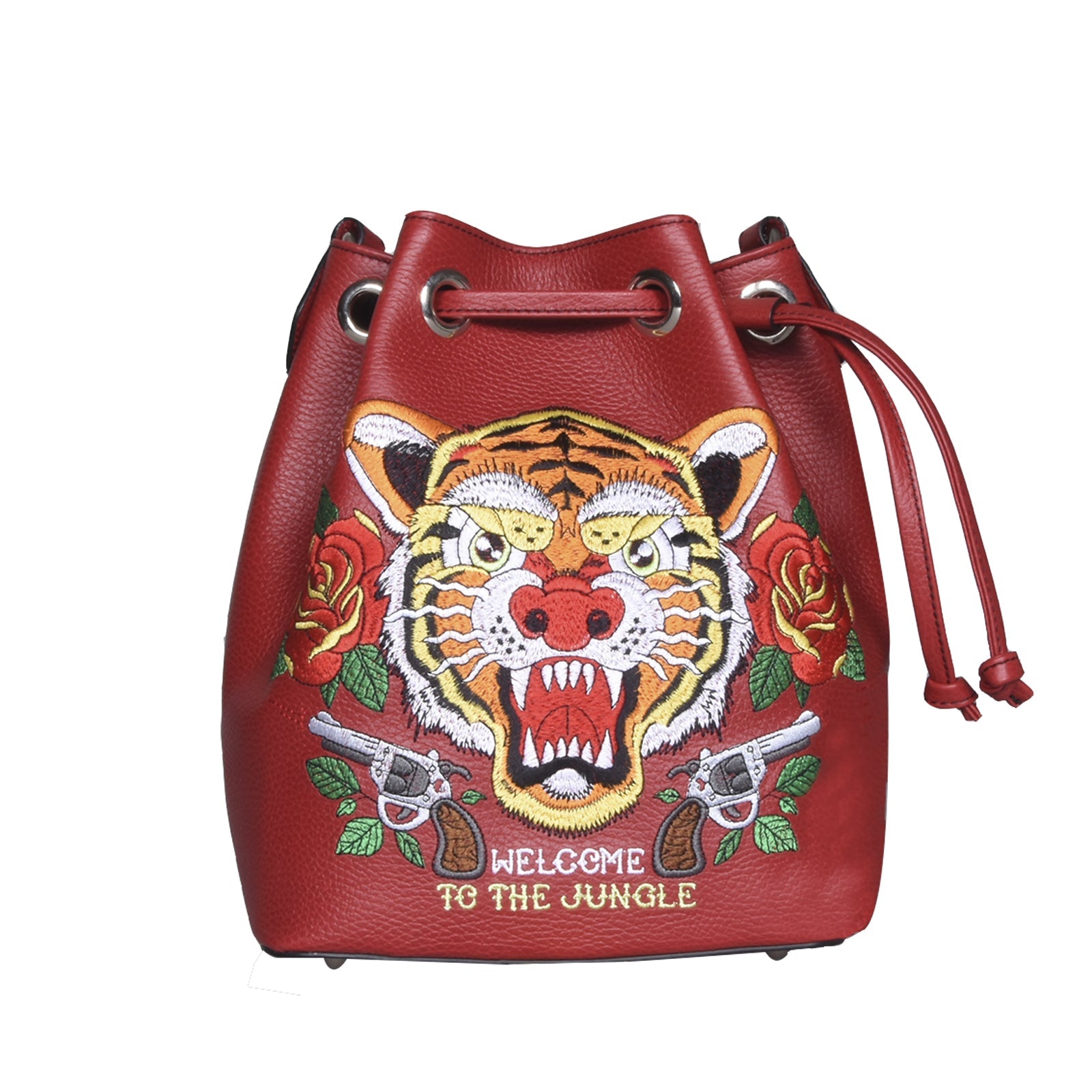 Borsa a secchiello TATTOO, in pelle rossa con tigre ricamata e bustina portaoggetti estraibile - REBB Store