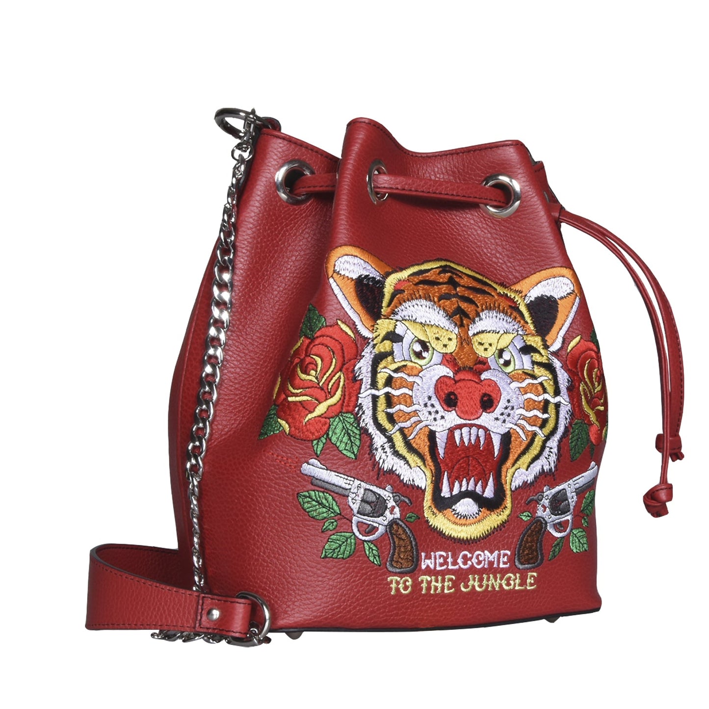 Borsa a secchiello TATTOO, in pelle rossa con tigre ricamata e bustina portaoggetti estraibile - REBB Store