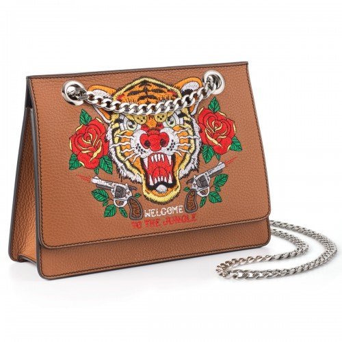 Borsa a spalla piccola in pelle marrone, tigre ricamata - REBB Store