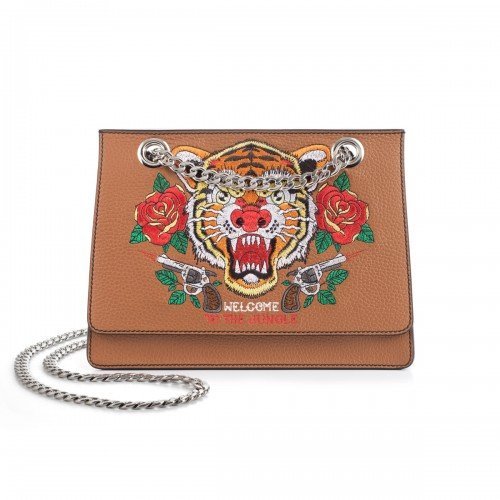 Borsa a spalla piccola in pelle marrone, tigre ricamata - REBB Store