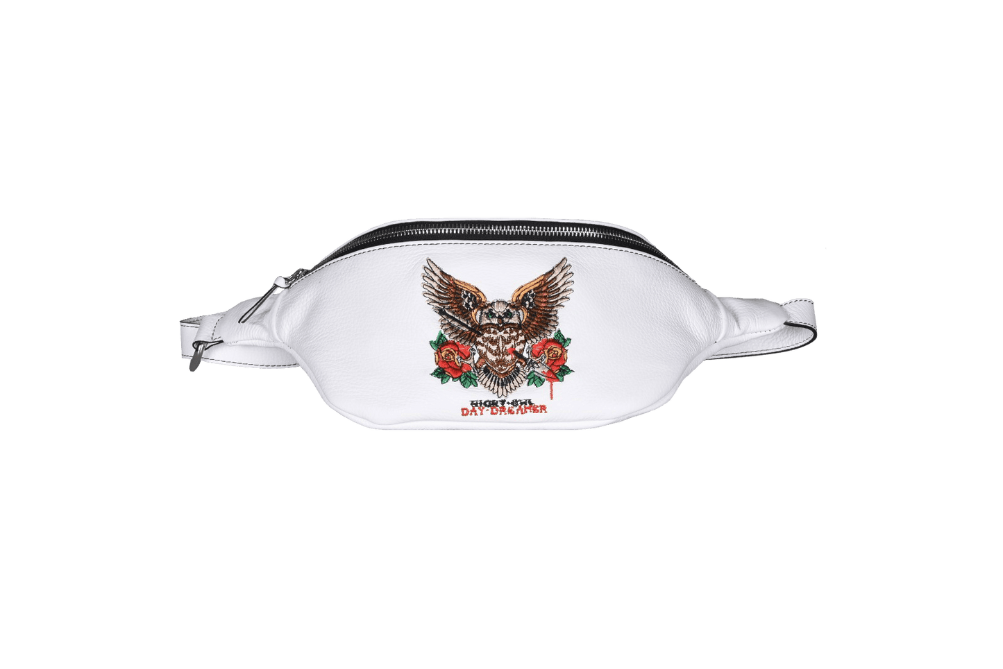 Marsupio TATTOO, in pelle bianca con apertura a zip e gufo ricamato - REBB Store