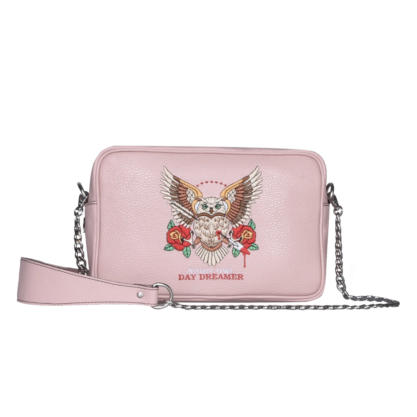 Maxi pochette TATTOO, a spalla, a tracolla o mano, in pelle liscia rosa con gufo ricamato - REBB Store