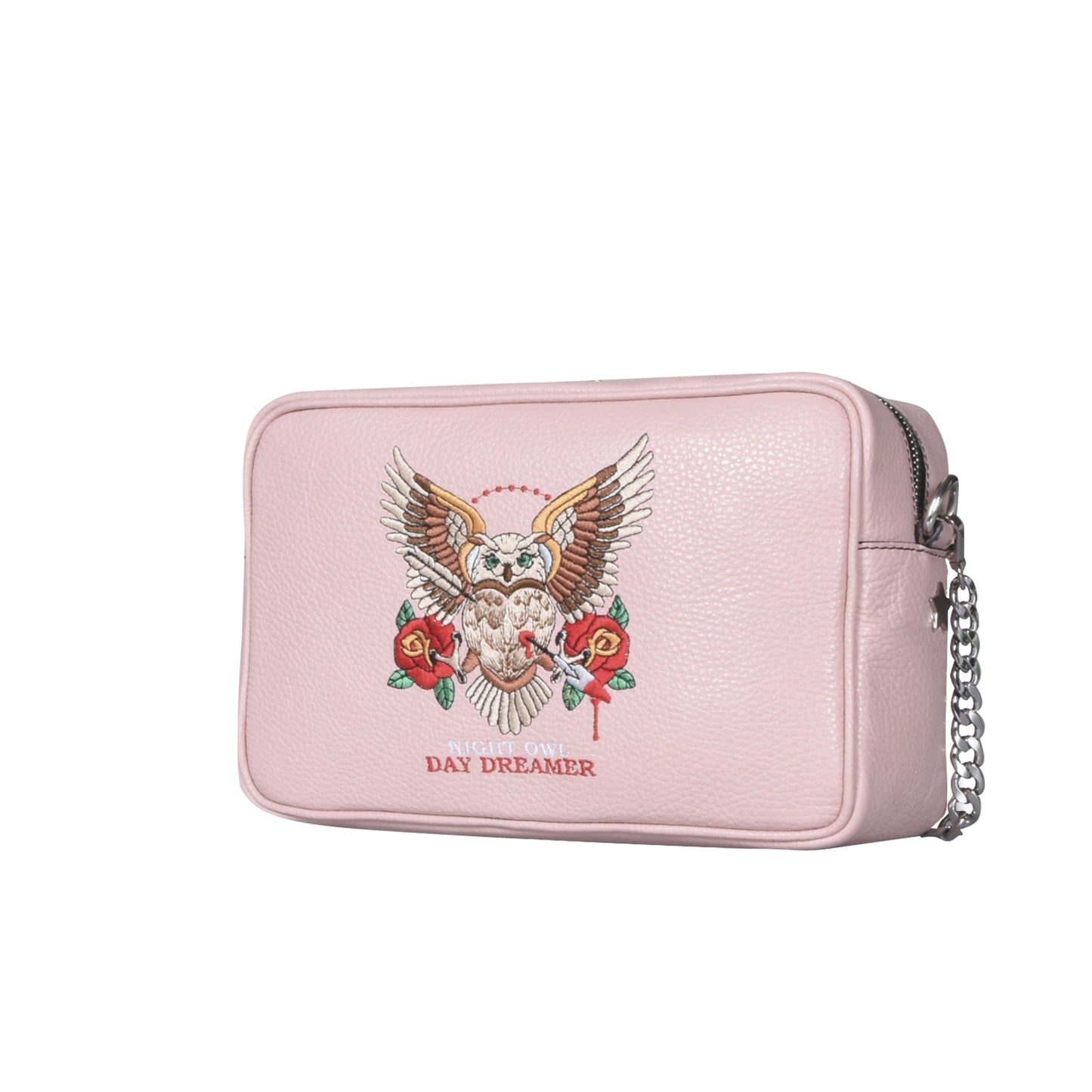 Maxi pochette TATTOO, a spalla, a tracolla o mano, in pelle liscia rosa con gufo ricamato - REBB Store