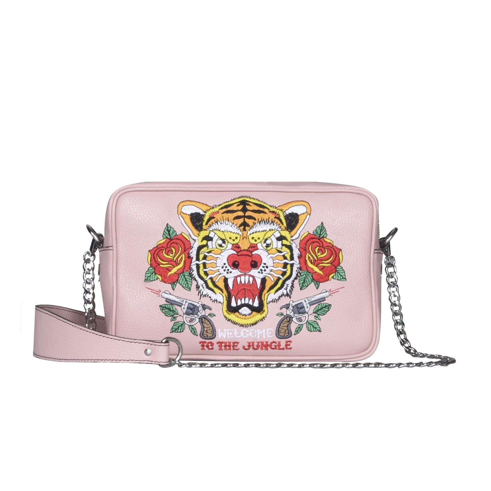 Maxi pochette TATTOO, a spalla, a tracolla o mano, in pelle liscia rosa con tigre ricamata - REBB Store