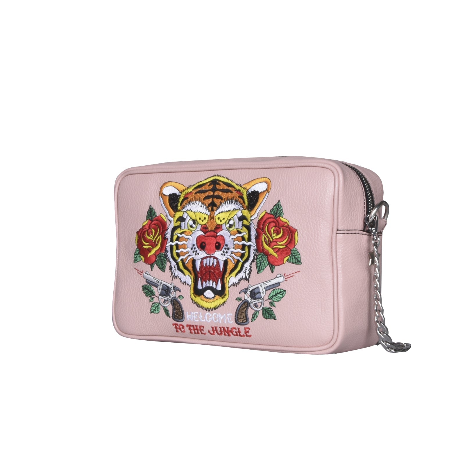 Maxi pochette TATTOO, a spalla, a tracolla o mano, in pelle liscia rosa con tigre ricamata - REBB Store