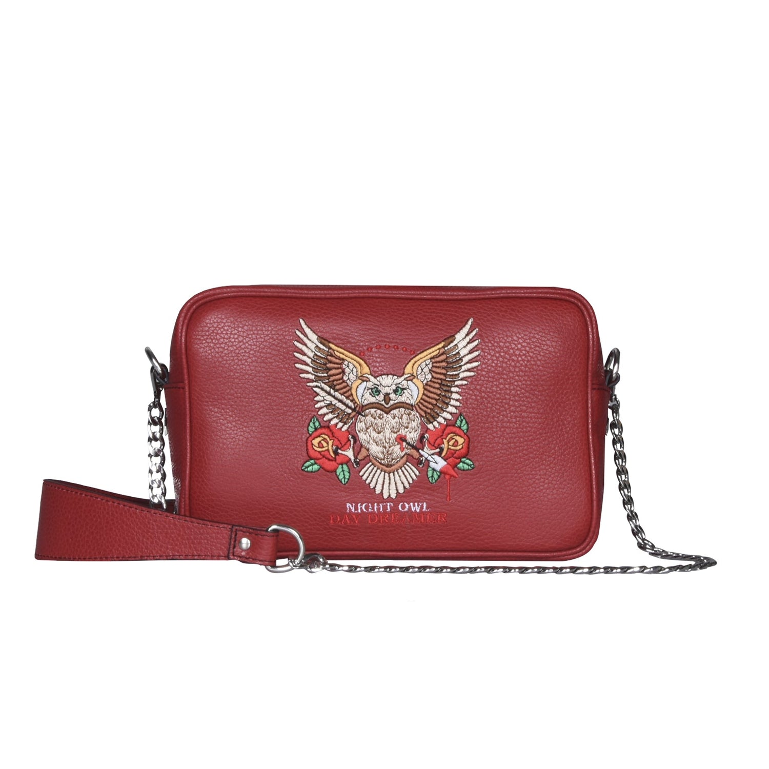 Maxi pochette TATTOO, a spalla, a tracolla o mano, in pelle liscia rossa con gufo ricamato - REBB Store