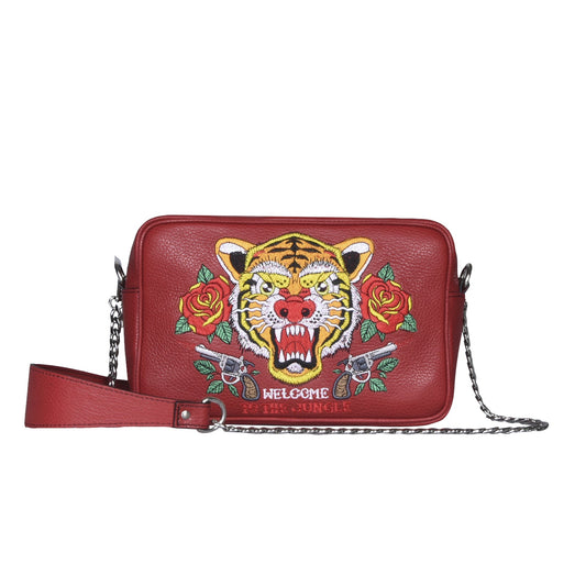 Maxi pochette TATTOO, a spalla, a tracolla o mano, in pelle liscia rossa con tigre ricamata - REBB Store