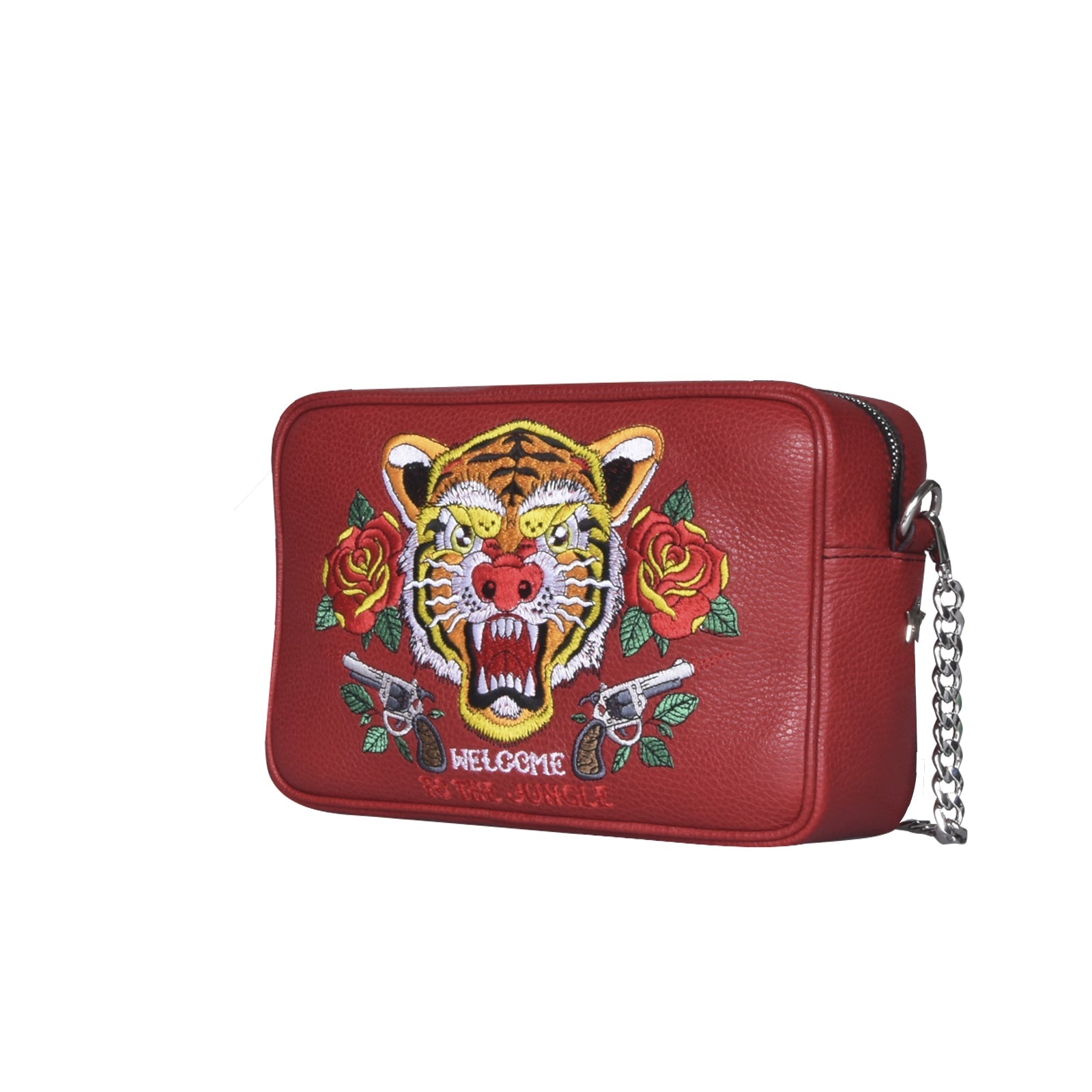 Maxi pochette TATTOO, a spalla, a tracolla o mano, in pelle liscia rossa con tigre ricamata - REBB Store