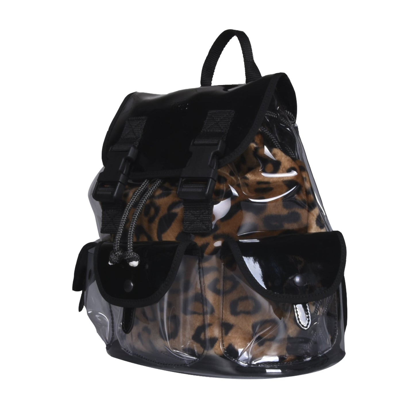 Zainetto trasparente ice animalier, 2 in 1, vernice nera e sacca leopardata - REBB Store