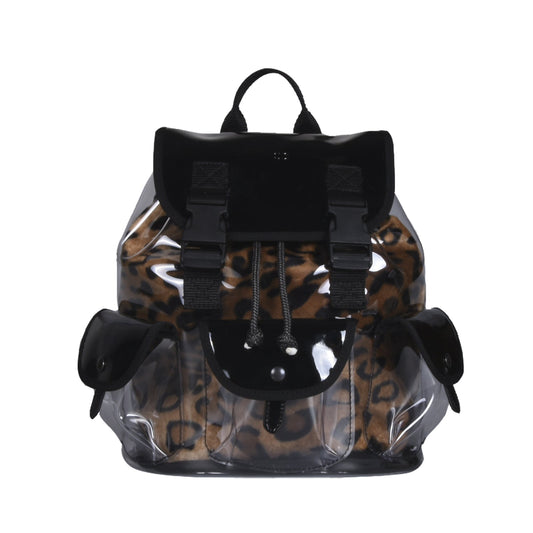 Zainetto trasparente ice animalier, 2 in 1, vernice nera e sacca leopardata - REBB Store