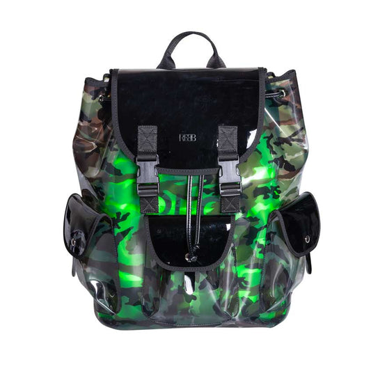 Zaino ICE CAMO, 2 in 1, con trasparenza effetto camouflage, in vinile con profili in vernice nera e sacca estraibile verde fluo - REBB Store