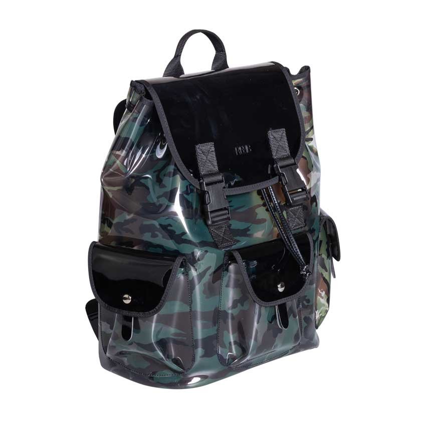 Zaino ICE CAMO, 2 in 1, con trasparenza effetto camouflage, in vinile con profili in vernice nera e sacca estraibile verde fluo - REBB Store