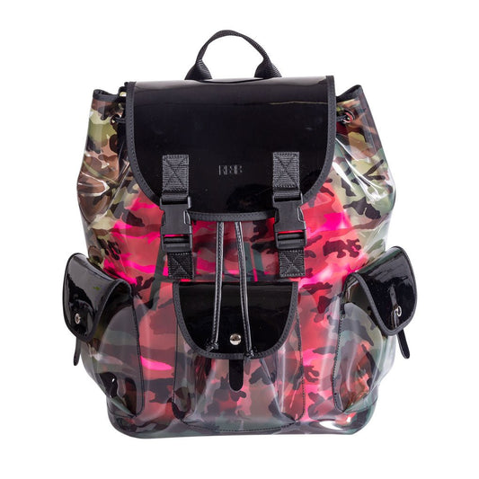 Zaino ICE CAMO 2 in 1, effetto camouflage, vinile con profili neri e sacca fucsia fluo - REBB Store