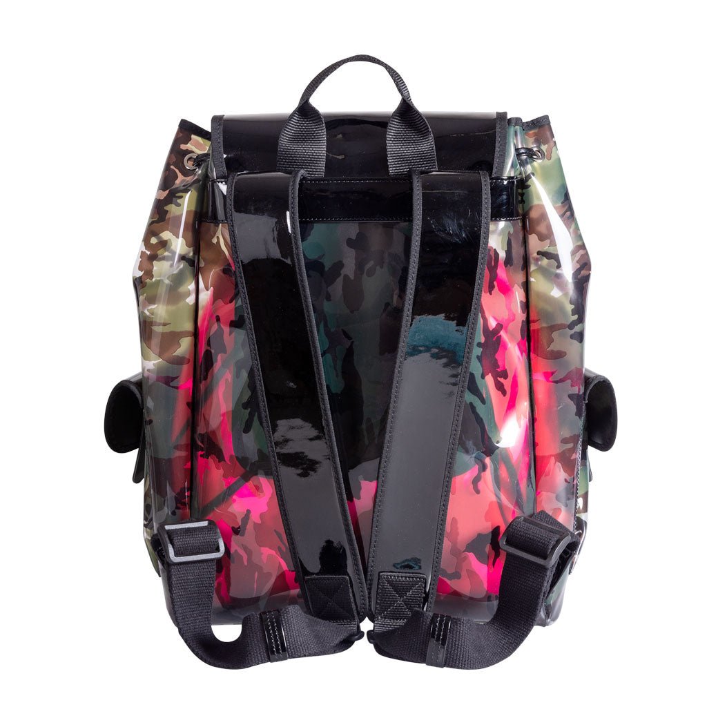 Zaino ICE CAMO 2 in 1, effetto camouflage, vinile con profili neri e sacca fucsia fluo - REBB Store