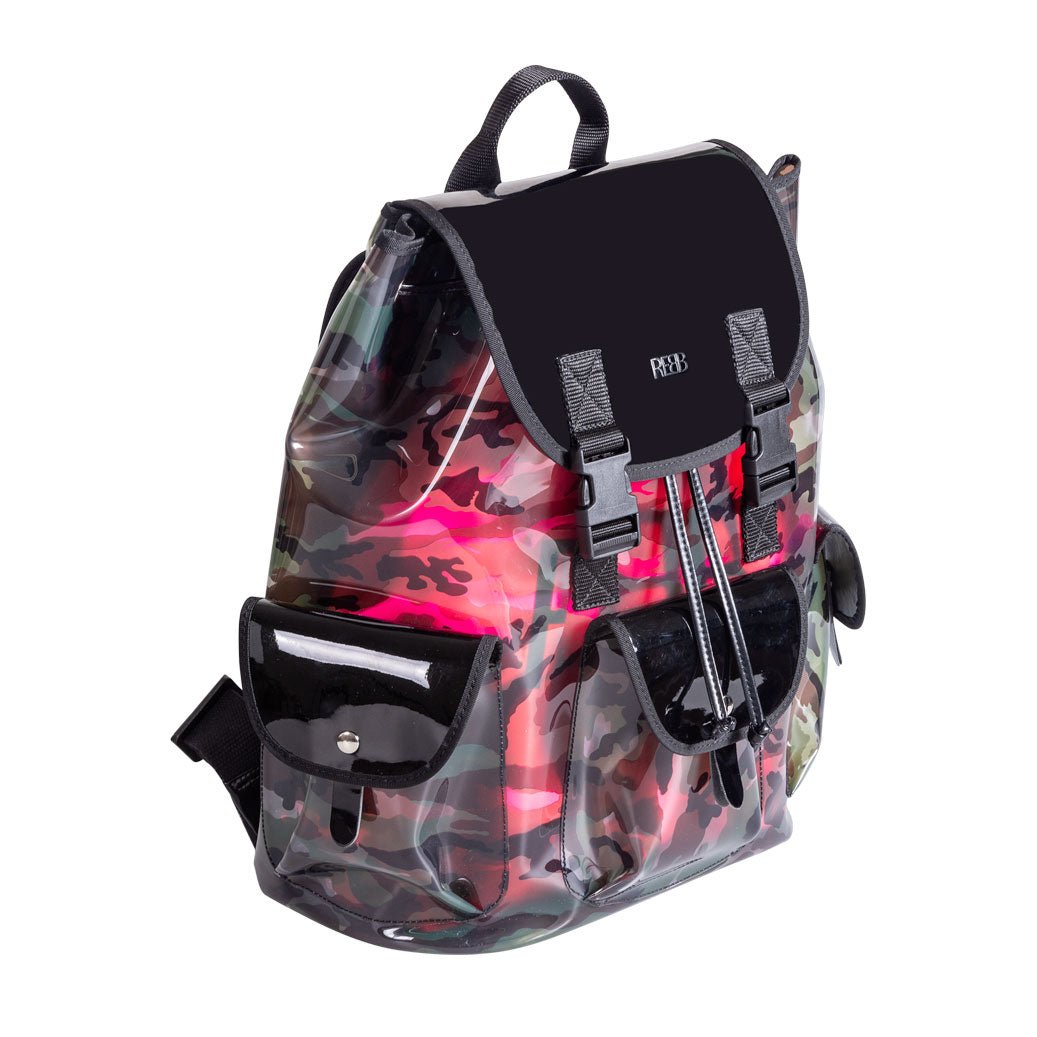 Zaino ICE CAMO 2 in 1, effetto camouflage, vinile con profili neri e sacca fucsia fluo - REBB Store